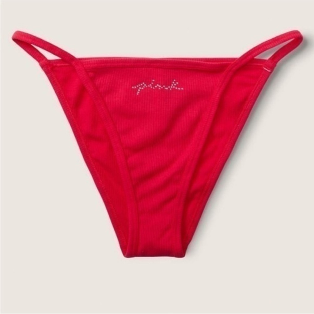 VICTORIA'S SECRET PINK Ribbed CottonRed High Leg String Bikini Panty S …